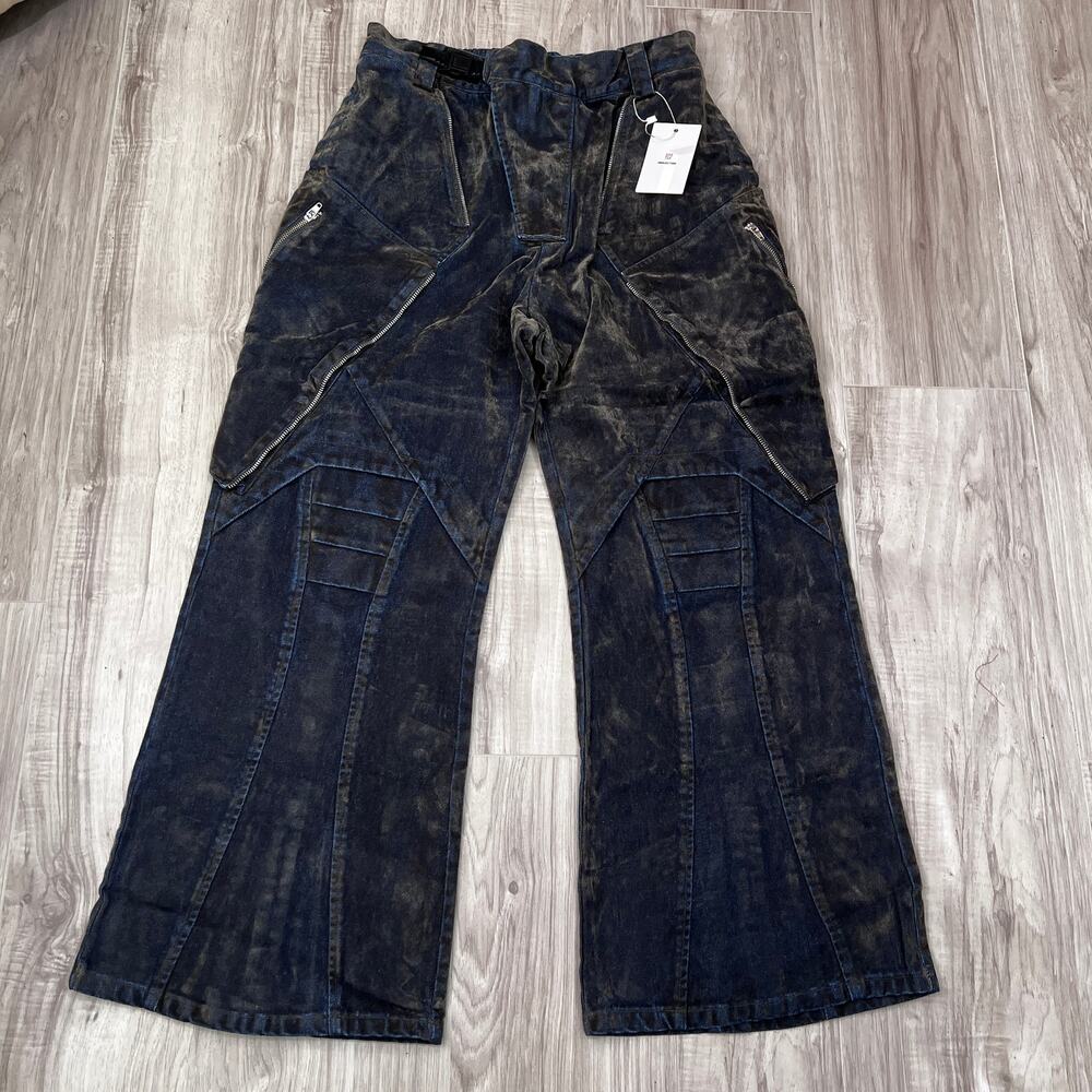 Projectisr XIFHEVIL Layered Paneled Robotic Mens Wide-Leg Jeans Size L (W30 L28)